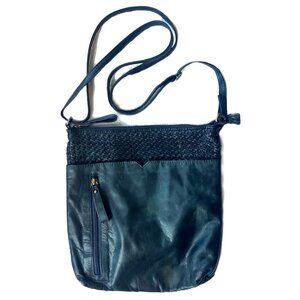 Teal Blue Leather Crossbody Bag Woven Detail Boho Crossbody Purse Made in India